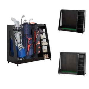 Wooden Golf Bag Organizer w/Wheels Stylish Golf Storage Rack Holds 3 Golf Bags - Picture 1 of 17
