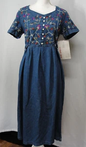 Neu Vintage 90er Jane Ashley langes bescheidenes Jeanskleid Baumwolle Blumen bestickt Damen M - Bild 1 von 8