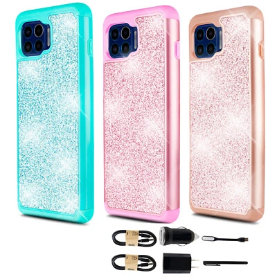 For Moto One 5G / G 5G Plus Temper Glass TPU Bumper Hard Glitter Phone Case - Image 1 of 2