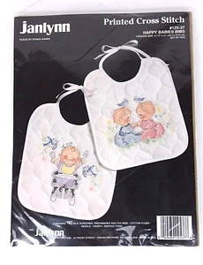 Vintage Janlynn Happy Babies Bibs Stamped Cross Stitch Kit 1992 Baby Set of 2 - Picture 1 of 6