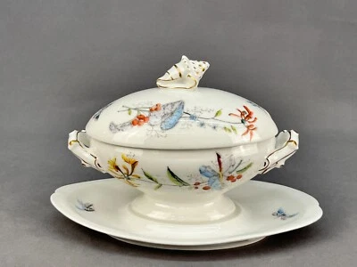Rare 19th c. Botanical Butterfly Lidded Sauce Tureen w/Underplate & Shell Finial - Image 1 of 4