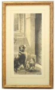 1841 CHARCOAL DRAWING BY E. MCGREGOR DOGS WANTING IN 14 3/4" X 6 3/4" - Picture 1 of 5