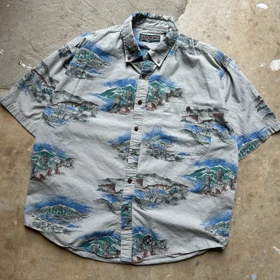 Vintage JanSport All Over Print Gorpcore Outdoors Hiking Button Up Camp Shirt XL - Image 1 of 4