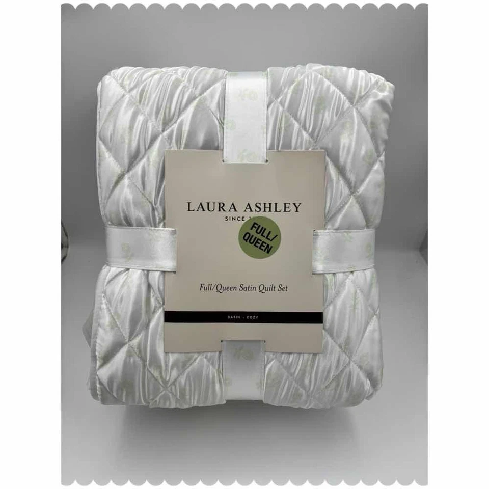 Juego de Edredón Laura Ashley Completo/Queen Satinado Blanco Acolchado Patrón Diamante Hoja Verde Foto 1 de 1