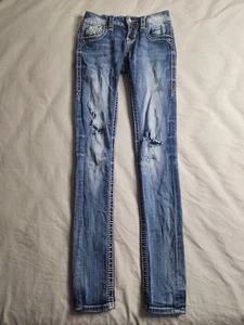 Pantalones de mezclilla Rock Revival Alaina ajustados para mujer talla 23x31 lavado medio tiro bajo punk NUEVO - Imagen 1 de 10