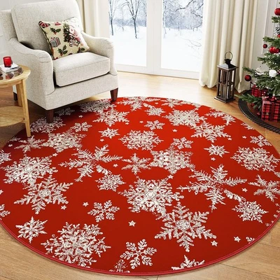 Round Area Rug 5ft Red Christmas Entryway Carpet 5x5 Circle Rug Snowflake Ind... - Image 1 of 4