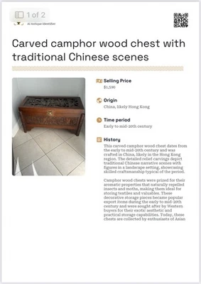 Cofre de madera de alcanfor tallado con escenas tradicionales chinas Foto 1 de 2