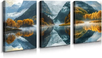 Lycosidae 3-Panel Canvas Wall Art Pictures - Misty Mountain Lake Landscape, for - Image 1 of 3