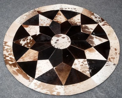Tapete de retalhos redondo de couro bovino feito à mão (36"x36") decoração para casa 67 - Imagem 1 de 4