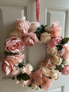 Summer Spring Fresh Look Front Door 18” Wreath Wedding Peach & Cream Roses - Picture 1 of 6