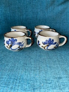 Set of 4 OTAGIRI Pot-bellied Mugs Handmade Stoneware Brown Blue Floral 2.5" - Picture 1 of 5