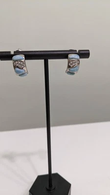 Larimar and Cubic Zirconia Mosaic Rhodium Over Sterling Silver Half Hoop Earring - Image 1 of 4