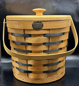 Vintage Peterboro Basket Co. Eiskübel mit blauen Streifen. Griff, Einsatz und Holzdeckel - Bild 1 von 10