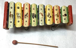 Vintage Kinder Xylophon Tiere Holz & Blech Hirsch Lamm Hund Bär Katze Hase Eichhörnchen Ratte - Bild 1 von 6
