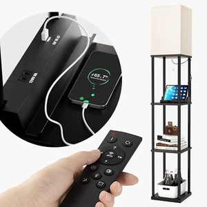 Shelf Floor Lamp with 2 USB Ports and Power Outlet, Remote Control Floor Lamp fo - Picture 1 of 12