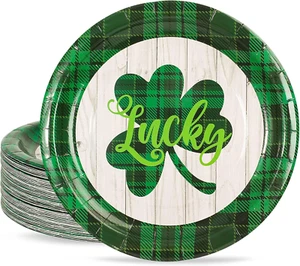 40Pcs St. Patrick'S Day Paper Plates Green Plaid Shamrock round Disposable Plate - Picture 1 of 12