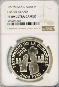 1997 SPAIN SILVER 2000 PESETAS EASTER ISLAND NGC PF 69 ULTRA CAMEO RARE TOP POP - Picture 1 of 4