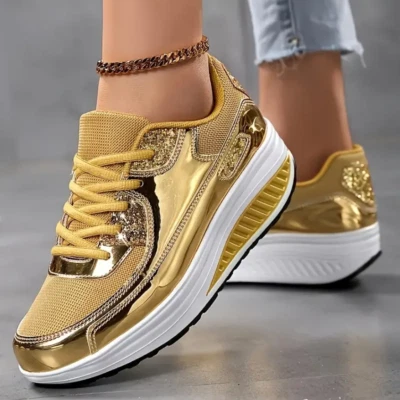 scarpe donna sneakers metallizzate camminata sport plateau comode basse - Immagine 1 di 4