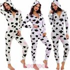 Women's Pajamas One Piece Full Suit Jumpsuit Cow Print Hood New F65