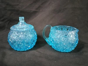 Vintage Turquoise Blue Daisy and Button Glass Lidded Sugar Dish & Creamer - Picture 1 of 13