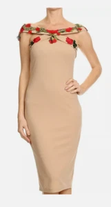 XTaren Ladies Short Beige Fitted Rose Patch Bodycon Dress - Picture 1 of 6