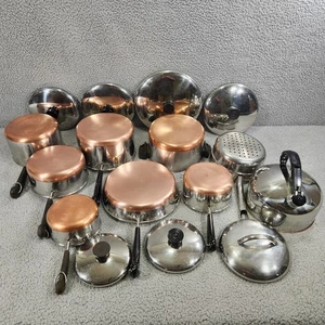Revere Ware 1801 Copper Bottom 16 Piece Set Pots Pans Steamer w/ Lids Tea Kettle - Picture 1 of 23