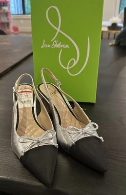Sam Edelman 女式 Willette 银色黑色露跟 7.5 全新 FAST2SHIP — 第 1/4 张图片