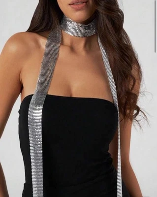 Shiny Thin Silver Scarf Metallic Sparkle Mesh Fringed Nightlife Wrap - Image 1 of 4