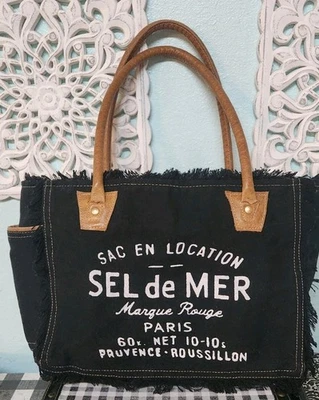 Sel De Mer Upcycled Canvas Hand Bag Upcycled Canvas & Cowhide Tote Bag EUC - Image 1 of 4
