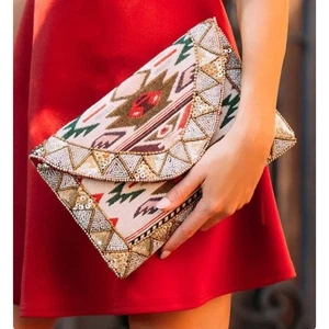 Bolso sin asas sobre azteca con cuentas boho cartera correa de cadena arte del suroeste - Imagen 1 de 8