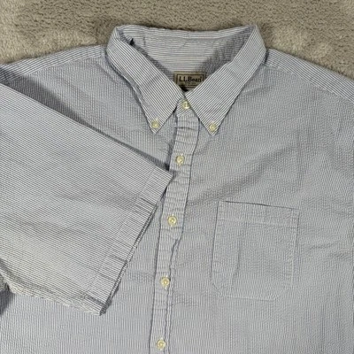 LL Bean Shirt Mens 2XLT Blue White Seersucker Pinstripe Short Sleeve Button Down - Image 1 of 4