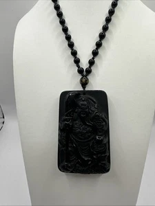 Collar de dragón Guan Gong obsidiana negra natural sostener espada ancha colgante cuentas - Imagen 1 de 7
