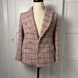 Giacca Zara Blazer Donna Piccolo Rosa Tweed Doppiopetto Bottoni Oro Chic - Foto 1 di 10