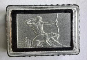 Hickok Art Deco Glas Bakelit Schmuckkästchen männlicher Akt Bogenschütze Jäger Hund LESEN - Bild 1 von 16
