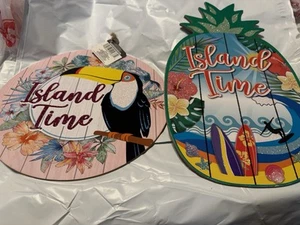 2 ISLAND TIME Tiki Bar Sign Wall Door Beach Decor new with tags - Picture 1 of 8