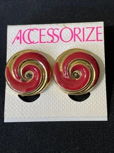 Pendientes perforados redondos vintage esmaltados rojos tono dorado UU-33 - Imagen 1 de 4