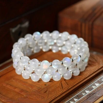 Pulseras A++ delicadas cuentas de piedras preciosas positivas redondas lisas piedra lunar 6-8"" unisex Foto 1 de 4