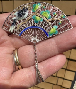 Spilla Ventola Cinese Asiatica Smaltata Argento Smalto Antica Spilla Fiori Uccellino Smalto Vintage - Foto 1 di 20