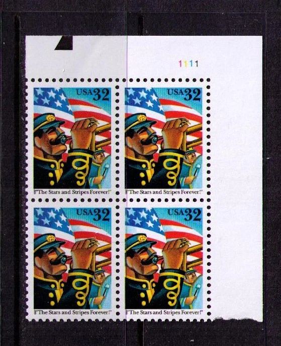 US USA Sc# 3153 MNH FVF PLATE # BLOCK Flag Stars & Strips Trumpet Marching Band - Image 1 of 1
