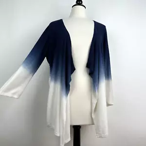 Chicos Open Front Dip Dyed Cardigan 2 Medium Navy White Linen Cotton Lightweight - Picture 1 of 11