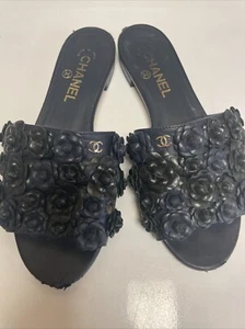 Chanel Sandal Slide Black Navy Blue Flat Camellia Flower Size 37.5 - Picture 1 of 10