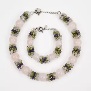 Amethyst Peridot Rosenquarz Grob Edelstein Halskette und Armband - Bild 1 von 3