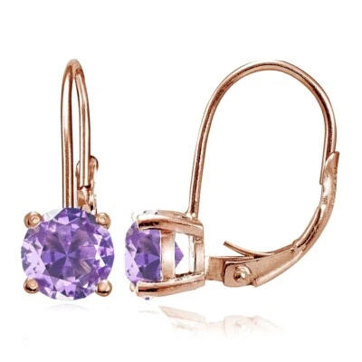 Rose Gold Flash Sterling Silver Simulated Amethyst 6mm Round Leverback Earrings - Image 1 of 4