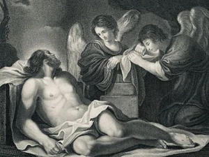 c1861 Print THE DEAD CHRIST WITH ANGELS after Guercino - Engraved by S. Freeman - Picture 1 of 3
