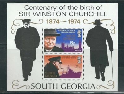South Georgia SC # 40a Sir Winston Churchill, hoja de recuerdo. Como nuevo, con bisagras. Foto 1 de 2