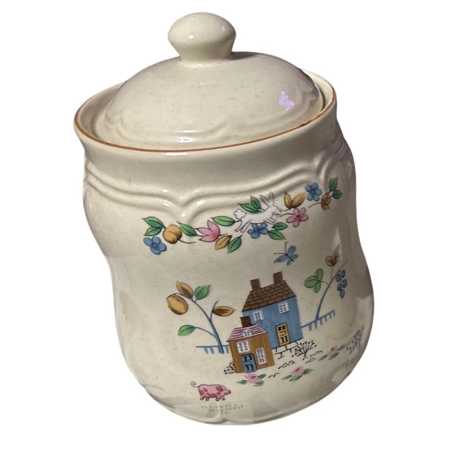 Juego de botes de cerámica vintage granja escena de campo casas azules cerdos florales Foto 1 de 4