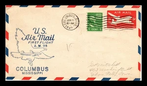 DR JIM STAMPS US COVER FIRST FLIGHT AIR MAIL AM 98 COLUMBUS MISSISSIPPI MEMPHIS - Picture 1 of 2