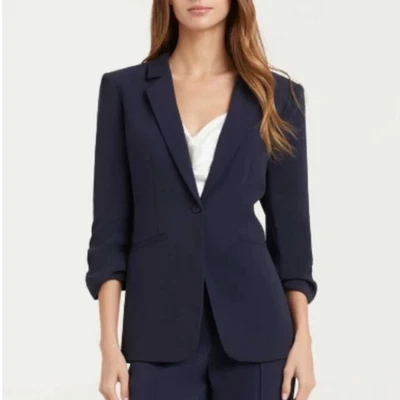 Blazer clássico feminino Cinq a Sept Khloé azul marinho manga franzida tamanho 10 - Imagem 1 de 4