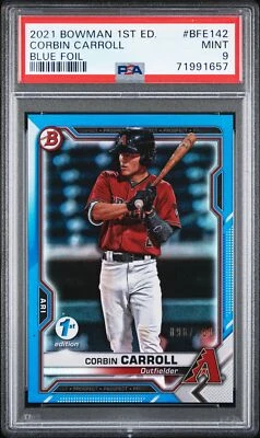 2021 BOWMAN 1ST ED BLUE FOIL #BFE142 CORBIN CARROLL 98/150 PSA 9 - Image 1 of 2