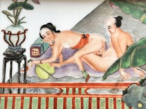 Republic Period Antique Chinese Porcelain Famille Rose Erotic Scene Plaque